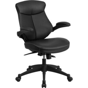 Take charge of your day with this adaptable desk chair that boasts style and comfort. The Mid-Back Black LeatherSoft Executive Swivel Chair with Back Angle Adjustment and Flip-Up Arms is a functional task chair wrapped up in a captivating package. This chair features a locking back angle adjustment lever that changes the angle of your torso to reduce disc pressure. 90 degree flip up arms support your shoulders and neck or offer an armless option without the hassle of detaching them. The contoured seat dissipates pressure points for greater comfort. The seat swivels 360 degrees and the waterfall edge is designed to relieve pressure and promote healthy blood flow to your legs. Raise and lower the seat using the pneumatic seat height adjustment lever