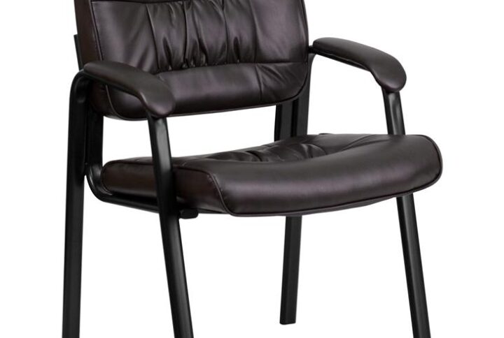 Make a great first impression when your customers or clients visit your place of business with this Brown LeatherSoft Executive Side Reception Chair with Black Metal Frame. It features a comfortable