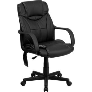 Enjoy a relaxing massage in the privacy of your own office with this incredibly comfortable LeatherSoft upholstered massaging executive office chair. The included remote has a variable slider intensity mode to get to your desired comfort level and has a designated side pocket when not in use. LeatherSoft is leather and polyurethane for added softness and durability. Finding a comfortable chair is essential when sitting for long periods at a time. Having the support of an ergonomic office chair may help promote good posture and reduce future back problems or pain. Mid-back office chairs offer support to the mid-to-upper back region. The waterfall front seat edge removes pressure from the lower legs and improves circulation. Chair easily swivels 360 degrees to get the maximum use of your workspace without strain. The pneumatic adjustment lever will allow you to easily adjust the seat to your desired height.