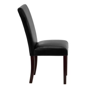 The classic design of this black LeatherSoft upholstered parsons chair makes it a versatile seating option for your home. Sleek lined panel stitching and mahogany frame finish make them beautiful while high density foam padding and solid hardwood frame construction make them comfortable and durable. Parsons chairs are versatile and can be used not only in the dining room and kitchen but also as a reading chair or extra seating in the living room. The armless design gives the illusion of space which makes them great for small spaces. Make quick work of spills with a water based cleaner. Skirted chair covers can be used to soften their lines for living rooms and bedrooms. A parsons chair can be both formal or casual and are designed to go with almost any decor.