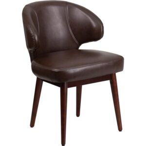 Add impeccable style to your reception waiting room or office with this brown LeatherSoft upholstered designer looking side chair. LeatherSoft is leather and polyurethane for added softness and durability. This chair features full back support with an enveloping back design. The curved back can double as a place to rest your arms. The rich walnut frame finish creates a striking contrast that gives a posh
