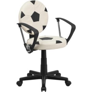 Bring your favorite sport to the desk with this Soccer Inspired Office Chair that is perfect for all young soccer fans! The round seat and back resembles two soccer balls that are upholstered in vinyl material for easy cleaning. This chair was designed to support the lower-to-mid back region. Chair easily swivels 360 degrees to get the maximum use of your workspace without strain. The pneumatic adjustment lever will allow you to easily adjust the seat to your desired height. With an affordable price tag it is sure to please the young soccer fan in your home.
