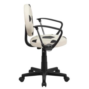 Bring your favorite sport to the desk with this Soccer Inspired Office Chair that is perfect for all young soccer fans! The round seat and back resembles two soccer balls that are upholstered in vinyl material for easy cleaning. This chair was designed to support the lower-to-mid back region. Chair easily swivels 360 degrees to get the maximum use of your workspace without strain. The pneumatic adjustment lever will allow you to easily adjust the seat to your desired height. With an affordable price tag it is sure to please the young soccer fan in your home.