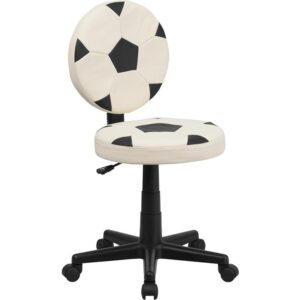 Bring your favorite sport to the desk with this swivel task chair that is perfect for all young soccer fans! The round seat and back are covered in easy to clean vinyl upholstery designed to resemble two soccer balls. This chair offers support to the lower-to-mid back region. Chair easily swivels 360 degrees to get the maximum use of your workspace without strain. The pneumatic adjustment lever will allow you to easily adjust the seat to your desired height. With great looks and an affordable price tag