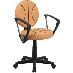 Bring your favorite sport to the desk with this swivel task chair that is perfect for all young basketball fans! The round seat and back are covered in easy to clean vinyl upholstery designed to resemble two basketballs. This chair offers support to the lower-to-mid back region. Chair easily swivels 360 degrees to get the maximum use of your workspace without strain. Nylon arms take the pressure off of the neck and shoulders. The pneumatic adjustment lever will allow you to easily adjust the seat to your desired height. With great looks and an affordable price tag