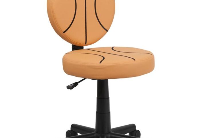 Bring your favorite sport to the desk with this swivel task chair that is perfect for all young basketball fans! The round seat and back are covered in easy to clean vinyl upholstery designed to resemble two basketballs. This chair offers support to the lower-to-mid back region. Chair easily swivels 360 degrees to get the maximum use of your workspace without strain. The pneumatic adjustment lever will allow you to easily adjust the seat to your desired height. With great looks and an affordable price tag