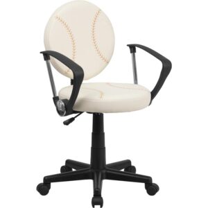 Bring your favorite sport to the desk with this swivel task chair that is perfect for all young baseball fans! The round seat and back are covered in easy to clean vinyl upholstery designed to resemble two baseballs. This chair offers support to the lower-to-mid back region. Chair easily swivels 360 degrees to get the maximum use of your workspace without strain. Nylon arms take the pressure off of the neck and shoulders. The pneumatic adjustment lever will allow you to easily adjust the seat to your desired height. With great looks and an affordable price tag
