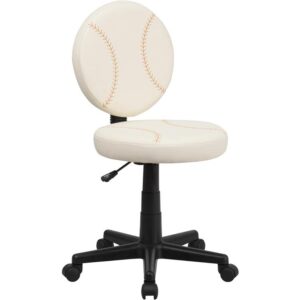 Bring your favorite sport to the desk with this swivel task chair that is perfect for all young baseball fans! The round seat and back are covered in easy to clean vinyl upholstery designed to resemble two baseballs. This chair offers support to the lower-to-mid back region. Chair easily swivels 360 degrees to get the maximum use of your workspace without strain. The pneumatic adjustment lever will allow you to easily adjust the seat to your desired height. With great looks and an affordable price tag