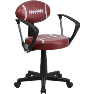 Bring your favorite sport to the desk with this swivel task chair that is perfect for all young football fans! The round seat and custom football shaped back are covered in easy to clean vinyl upholstery designed to footballs. This chair offers support to the lower-to-mid back region. Chair easily swivels 360 degrees to get the maximum use of your workspace without strain. Nylon arms take the pressure off of the neck and shoulders. The pneumatic adjustment lever will allow you to easily adjust the seat to your desired height. With great looks and an affordable price tag