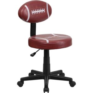 Bring your favorite sport to the desk with this swivel task chair that is perfect for all young football fans! The round seat and custom football shaped back are covered in easy to clean vinyl upholstery designed to footballs. This chair offers support to the lower-to-mid back region. Chair easily swivels 360 degrees to get the maximum use of your workspace without strain. The pneumatic adjustment lever will allow you to easily adjust the seat to your desired height. With great looks and an affordable price tag