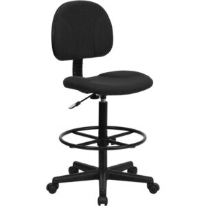 If you sit for long hours throughout the day you may benefit from this black pin dot patterned fabric upholstered drafting chair. Draft chairs are essential for any profession where work surfaces are above standard height