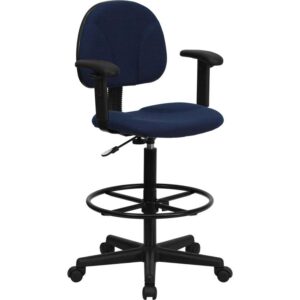 If you sit for long hours throughout the day you may benefit from this navy blue patterned fabric upholstered drafting chair. Draft chairs are essential for any profession where work surfaces are above standard height