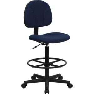If you sit for long hours throughout the day you may benefit from this navy blue patterned fabric upholstered drafting chair. Draft chairs are essential for any profession where work surfaces are above standard height