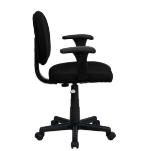 fabric upholstered task office chair. This chair is ideal for the more active user and was designed to support the mid-to-upper back region. The contoured seat dissipates pressure points for greater comfort while the waterfall front seat edge removes pressure from the lower legs and improves circulation. The back depth adjustment knob accommodates your upper leg length. Chair easily swivels 360 degrees to get the maximum use of your workspace without strain. Height adjustable padded arms relieve neck and shoulder pressure. The pneumatic adjustment lever will allow you to easily adjust the seat to your desired height. You can rely on this durable chair to get you through your work day or keep you comfortable while browsing the internet.