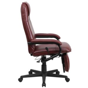 this reclining ergonomic executive office chair will be a lifesaver. The high back design with headrest and burgundy LeatherSoft upholstery give this chair an understated style that will look great in your workspace. LeatherSoft is leather and polyurethane for added softness and durability. This multi-functional reclining office chair embodies the best of both worlds for exceptional comfort and body support that'll help you power through endless contracts and reports. You can go from a seated position to a relaxed