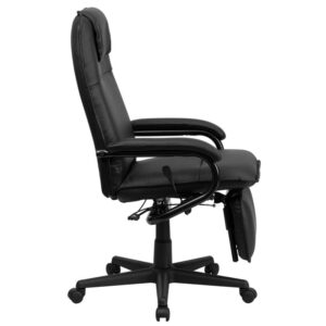 this reclining ergonomic executive office chair will be a lifesaver. The high back design with headrest and black LeatherSoft upholstery give this chair an understated style that will look great in your workspace. LeatherSoft is leather and polyurethane for added softness and durability. This multi-functional reclining office chair embodies the best of both worlds for exceptional comfort and body support that'll help you power through endless contracts and reports. You can go from a seated position to a relaxed