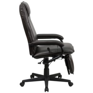 this reclining ergonomic executive office chair will be a lifesaver. The high back design with headrest and brown LeatherSoft upholstery give this chair an understated style that will look great in your workspace. LeatherSoft is leather and polyurethane for added softness and durability. This multi-functional reclining office chair embodies the best of both worlds for exceptional comfort and body support that'll help you power through endless contracts and reports. You can go from a seated position to a relaxed