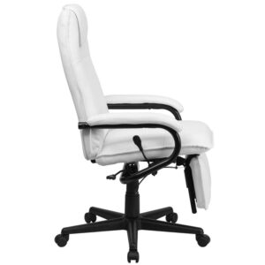this reclining ergonomic executive office chair will be a lifesaver. The high back design with headrest and white LeatherSoft upholstery give this chair an understated style that will look great in your workspace. LeatherSoft is leather and polyurethane for added softness and durability. This multi-functional reclining office chair embodies the best of both worlds for exceptional comfort and body support that'll help you power through endless contracts and reports. You can go from a seated position to a relaxed