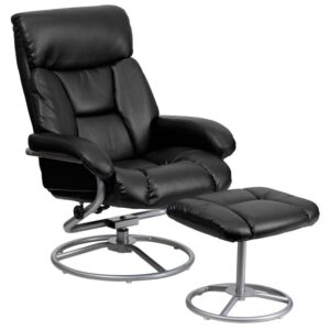 This overstuffed recliner will look great in any room in the home or office. Sporting a pillow top headrest and plush arms the recliner and ottoman provides ultimate relaxation. Thanks to its soft and durable black LeatherSoft upholstery
