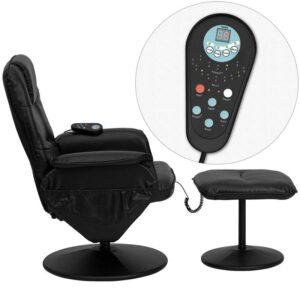 your search is over! Enjoy a relaxing massage in the comfort of your own home or office with this black recliner and ottoman set featuring a swivel seat and and reclining back that adjusts with the force of your weight. Beautifully designed with soft and durable LeatherSoft upholstery