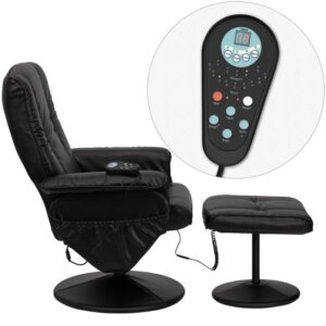 your search is over! Enjoy a relaxing massage in the comfort of your own home or office with this black recliner and ottoman set featuring a swivel seat and and reclining back that adjusts with the force of your weight. Beautifully designed with rich LeatherSoft upholstery