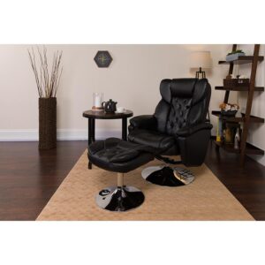 this recliner and ottoman set features foam covered with soft and durable LeatherSoft upholstery for added softness. This set features super thick padding throughout the chair and ottoman as well as chrome exposed bases that provide a contemporary feel. The LeatherSoft upholstery allows for easy cleaning with a water-based cleaner. Personalize this chair with custom text or a logo to show off your individual style or company design.