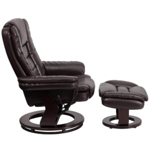 a book or just some down time than in a recliner. This brown set features thickly padded arms and tastefully exposed wood frames. This uniquely designed recliner features a ball-bearing swivel base that makes turning from one conversation to another effortless. This set is not only perfect in the home