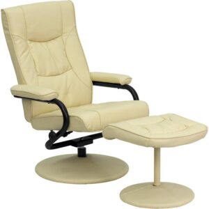 If you need a great excuse to kick back and relax this cream recliner and ottoman set with soft and durable LeatherSoft upholstery is just the ticket. Ease into this luxurious chair with its padded seat and back