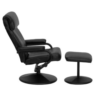 relax and recline in your favorite position with this comfortable black recliner and ottoman set. This set features a built-in pillow top headrest