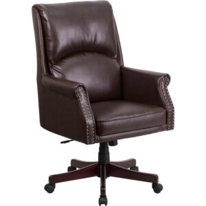 This luxurious traditional chair features soft Brown LeatherSoft upholstery and brass nail accents that trim the rolled arms. Having the support of an ergonomic office chair may help promote good posture and reduce future back problems or pain. High back office chairs have backs extending to the upper back for greater support. The high back design relieves tension in the lower back
