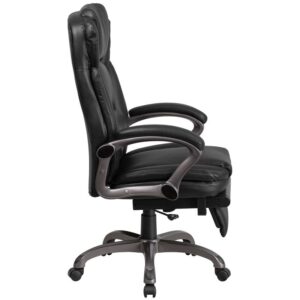 this reclining ergonomic executive office chair will be a lifesaver. The high back design with headrest and black LeatherSoft upholstery give this chair an understated style that will look great in your workspace. LeatherSoft is leather and polyurethane for added softness and durability. The tilt lock mechanism rocks/tilts the chair and locks in an upright position while the tilt tension adjustment knob adjusts the chair's backward tilt resistance. You can go from a seated position to a relaxed
