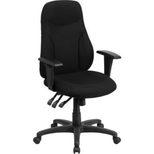 This black multifunctional office chair features a triple paddle control to adjust the seat height