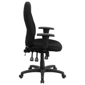 back angle and tilt lock. This fabric upholstered chair offers great comfort benefits when having to sit for long periods at a time. Having the support of an ergonomic office chair may help promote good posture and reduce future back problems or pain. High back office chairs extend to the upper back for greater support and relieve tension in the lower back