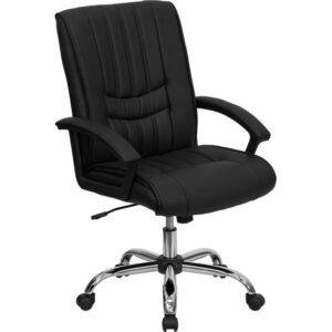 This LeatherSoft office chair features appealing vertical line stitching in the seat and back. This chair not only exudes appeal but comfort with plush padding in the seat and back. Practical and adaptable for most office settings