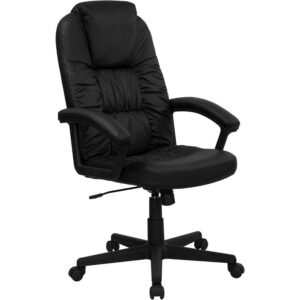 Having the right chair to support you through your work day is priceless. This high back executive office chair with headrest provides a savvy appearance with ruched LeatherSoft upholstery on the seat and back cushions. LeatherSoft is leather and polyurethane for softness and durability. High back office chairs extend to the upper back for greater support of the neck