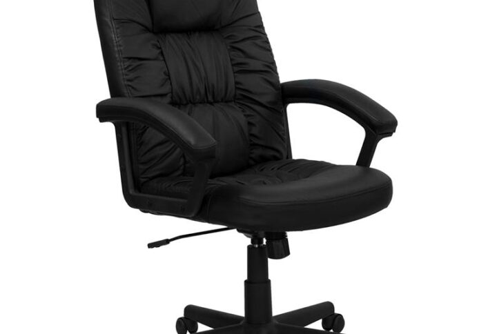 Having the right chair to support you through your work day is priceless. This high back executive office chair with headrest provides a savvy appearance with ruched LeatherSoft upholstery on the seat and back cushions. LeatherSoft is leather and polyurethane for softness and durability. High back office chairs extend to the upper back for greater support of the neck
