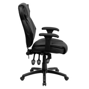 integrated headrest and built-in lumbar support help prevent back strain. You can increase lumbar support using the pressurized lumbar support knob. The padded swivel seat is filled with 3" of foam and features a waterfall edge. Height adjustable padded armrests take pressure off your shoulders and neck. Easily adjust the seat's back angle