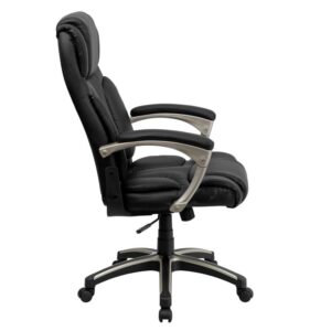 layered padding and padded armrests. The waterfall front seat edge removes pressure from the lower legs and improves circulation. The tilt tension adjustment knob increases or decreases the amount of force needed to rock or recline. Lock the seat in place with the tilt lock mechanism. Chair easily swivels 360 degrees to get the maximum use of your workspace without strain. The pneumatic adjustment lever will allow you to easily adjust the seat to your desired height. The heavy duty nylon base is trimmed in silver adding to the contemporary design. When ready to move