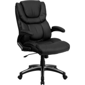 Having the right chair to support you through your work day is priceless. This high back executive office chair with a double layered headrest provides a savvy appearance with LeatherSoft upholstery on the seat and back cushions. LeatherSoft is leather and polyurethane for softness and durability. High back office chairs extend to the upper back for greater support of the neck