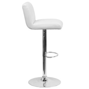 this designer chair will enhance the look of your decor and make an attractive statement in any home. The height adjustable swivel seat adjusts from counter to bar height with the handle located below the seat. The chrome footrest supports your feet while also providing a contemporary chic design. To help protect your floors