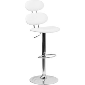 Be the trendsetter in your neighborhood and give your home decor that "wow" factor with this must have white adjustable height bar stool. The uniquely designed ellipse back gives this stool a retro look and also provides full back support. The easy to clean vinyl upholstery is an added bonus when stool is used regularly. The height adjustable swivel seat adjusts from counter to bar height with the handle located below the seat. The chrome footrest supports your feet while also providing a contemporary chic design. To help protect your floors
