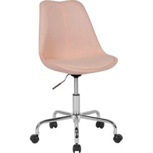 Trendy best describes this swivel task chair to enliven all work spaces. The tapered back design adds character to this desk chair. It’s upholstered in a colorful fabric and has a fixed seat pad. The mid-back chair features a molded design that is created to support the mid-to-upper back region. Chair swivels 360 degrees to get the maximum use of your workspace without strain. The pneumatic adjustment lever will allow you to easily adjust the seat to your desired height. This office chair has a chrome base with dual wheel casters that makes it easy to roll across the floor. The colorfully upholstered task chair is a great choice for your work or home office.
