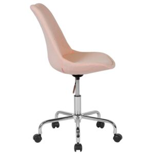 Trendy best describes this swivel task chair to enliven all work spaces. The tapered back design adds character to this desk chair. It’s upholstered in a colorful fabric and has a fixed seat pad. The mid-back chair features a molded design that is created to support the mid-to-upper back region. Chair swivels 360 degrees to get the maximum use of your workspace without strain. The pneumatic adjustment lever will allow you to easily adjust the seat to your desired height. This office chair has a chrome base with dual wheel casters that makes it easy to roll across the floor. The colorfully upholstered task chair is a great choice for your work or home office.