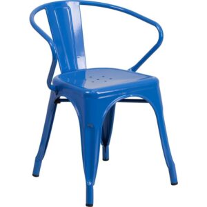 Spice up your kitchen or dining room by adding this colorful blue metal chair to your space. This metal dining chair pairs nicely with metal and non metal tables. Whether your home decor is shabby chic