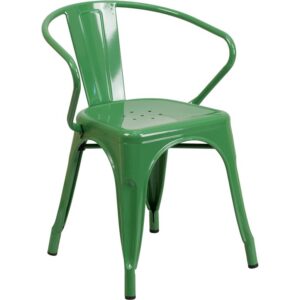 Spice up your kitchen or dining room by adding this colorful green metal chair to your space. This metal dining chair pairs nicely with metal and non metal tables. Whether your home decor is shabby chic