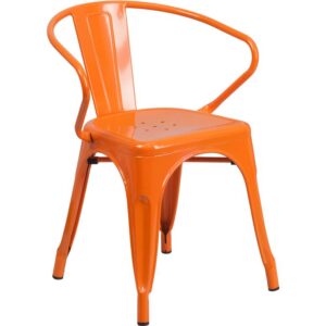 Spice up your kitchen or dining room by adding this colorful orange metal chair to your space. This metal dining chair pairs nicely with metal and non metal tables. Whether your home decor is shabby chic