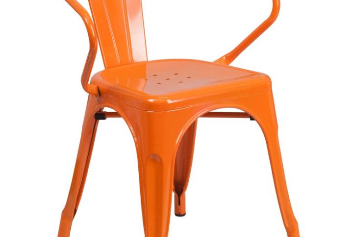 Spice up your kitchen or dining room by adding this colorful orange metal chair to your space. This metal dining chair pairs nicely with metal and non metal tables. Whether your home decor is shabby chic