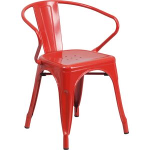 Spice up your kitchen or dining room by adding this colorful red metal chair to your space. This metal dining chair pairs nicely with metal and non metal tables. Whether your home decor is shabby chic