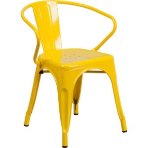 Spice up your kitchen or dining room by adding this colorful yellow metal chair to your space. This metal dining chair pairs nicely with metal and non metal tables. Whether your home decor is shabby chic
