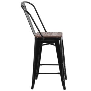 kitchen counter or eatery a refreshing rustic feel with its metal and wood features. This stylish metal stool features a curved back with a vertical slat and a cross brace under the seat for added support and stability. A wood seat adds comfort and beauty. The lower support brace doubles as a footrest
